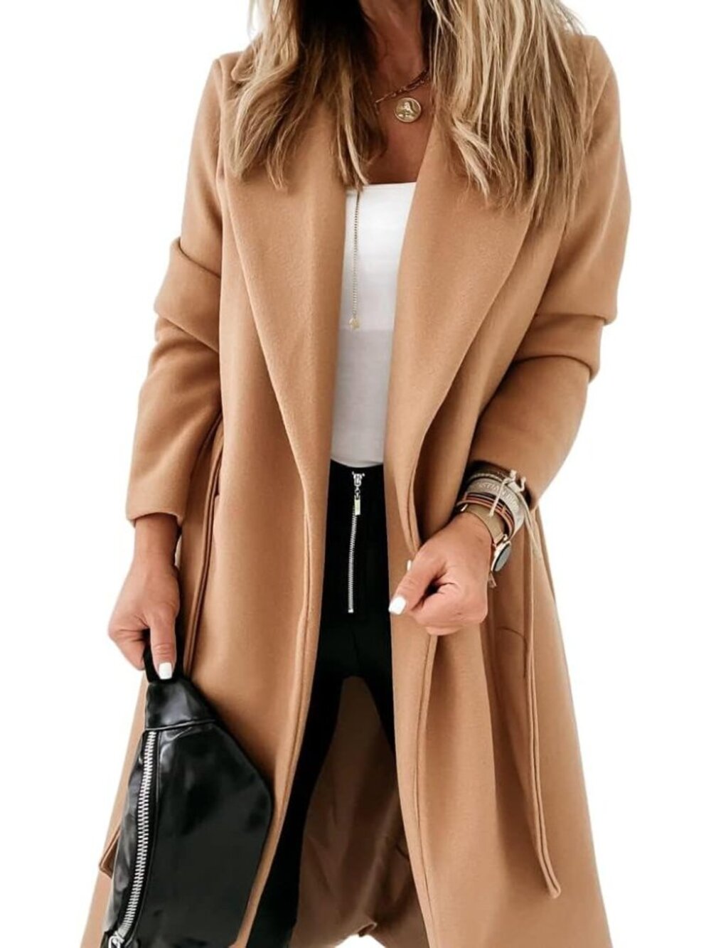 Womens Classic Coat Lapel Collar Open Front Belted Long Jacket